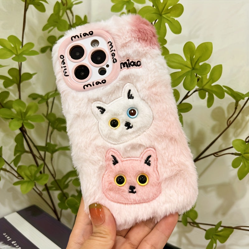Autumn And Winter Plush Embroidered Three-Dimensional Double-Headed Cat Mobile Phone Case, Suitable for Apple 16/15 Pro Max/15 Pro/15/15Plus/14 Pro Max/14 Pro/14Plus/14/13 Pro Max/13 Pro/13 /12 Pro Max/12 Pro/12/11Pro Max/11